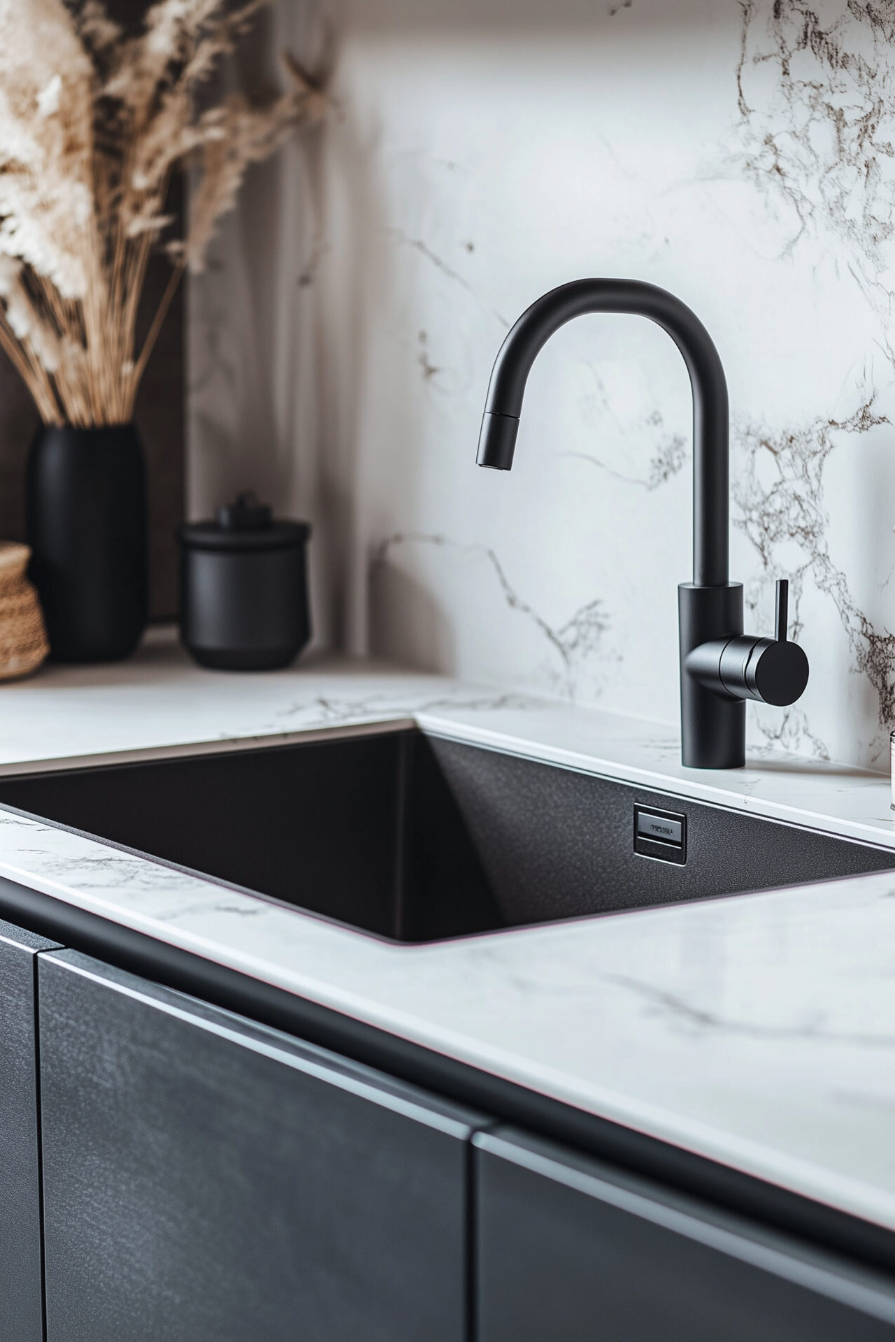 Black kitchen sink installed in a marble-patterned countertop with neutral decor