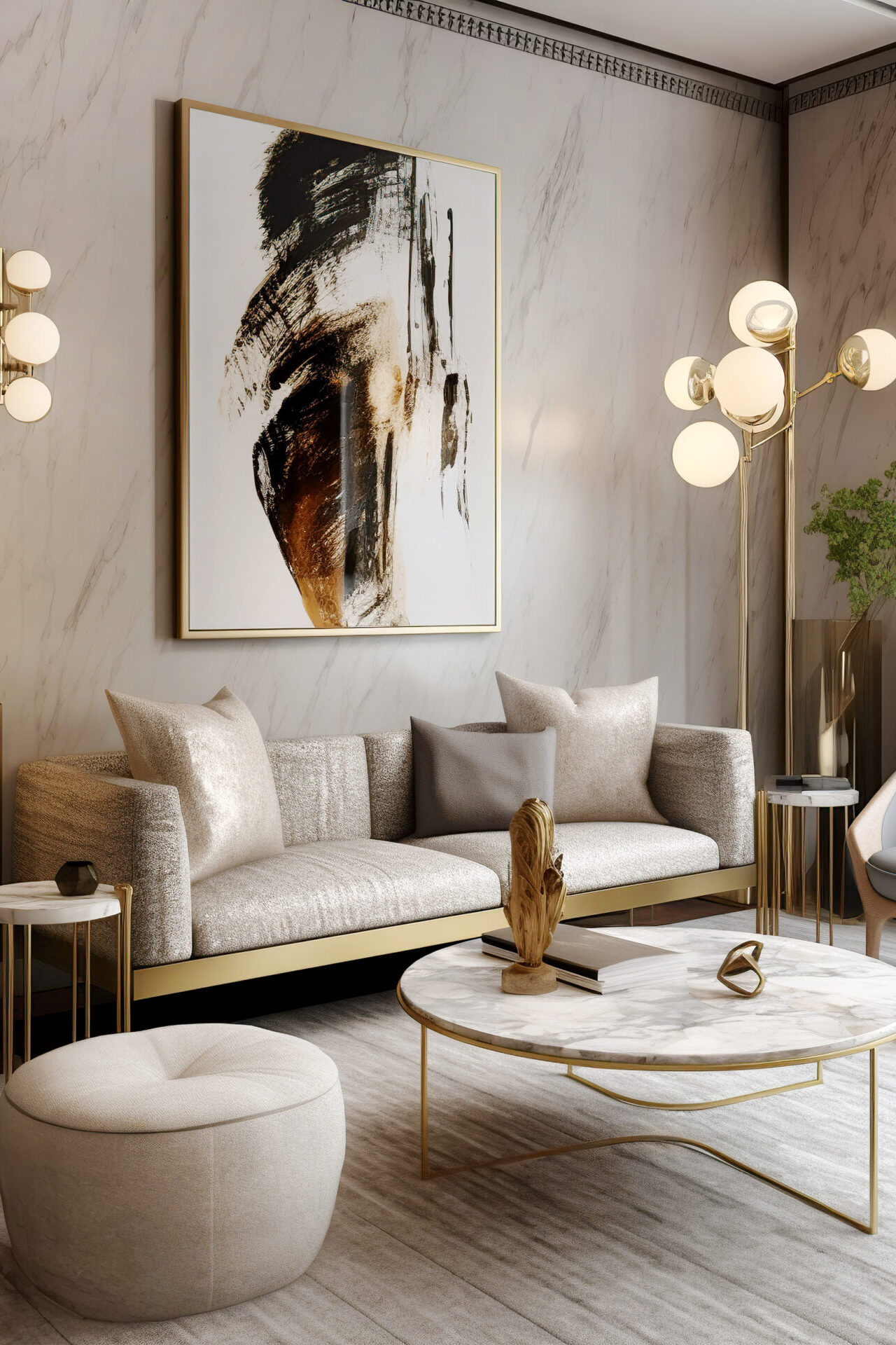 Elegant living room with neutral sofa, marble walls, gold lighting, and modern artwork