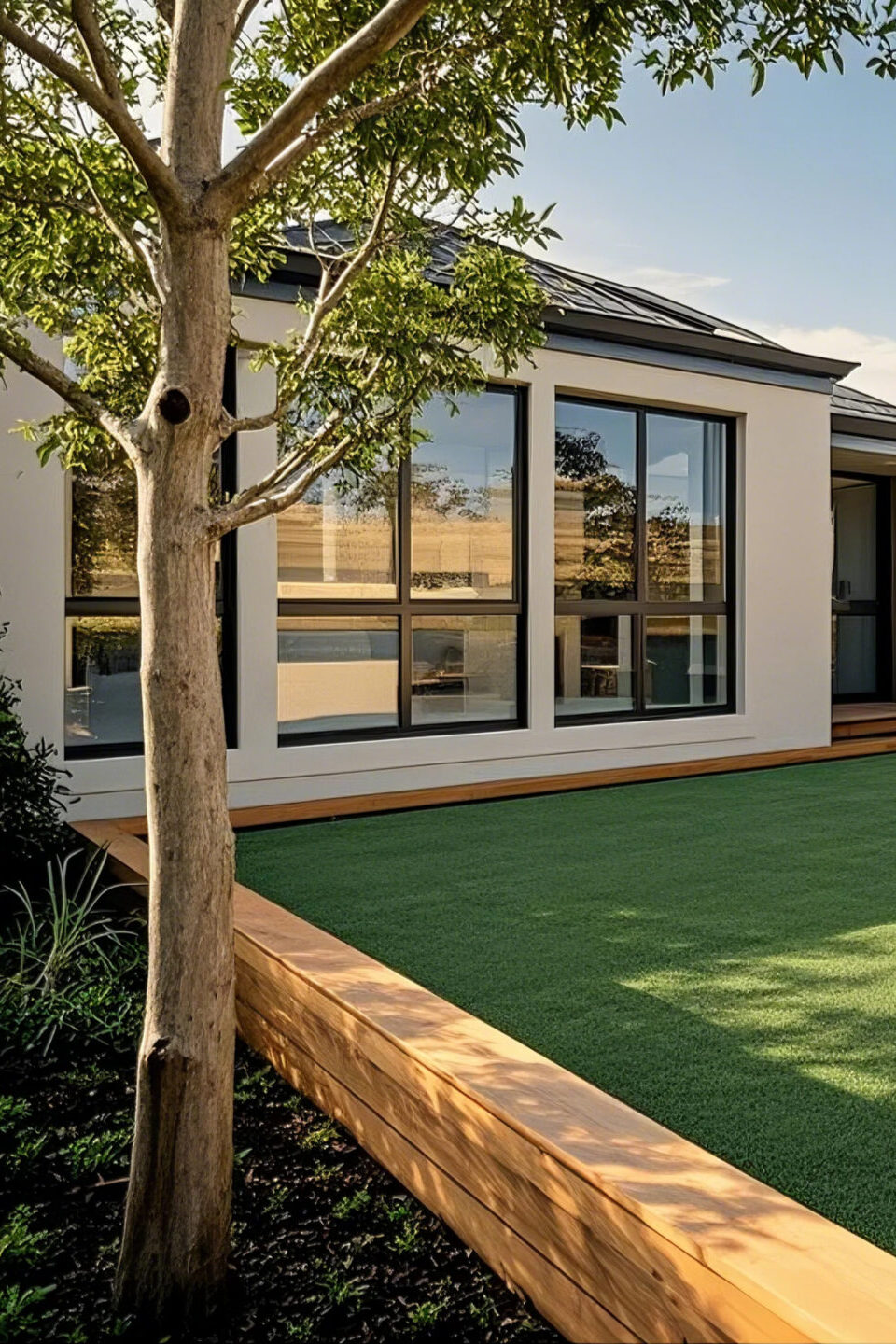 Backyard with artificial turf, raised garden beds, and clean architectural design