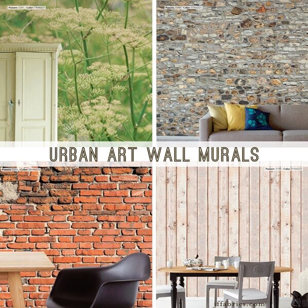 Collage of different textured wallpaper styles including brick, stone, and wood wall murals
