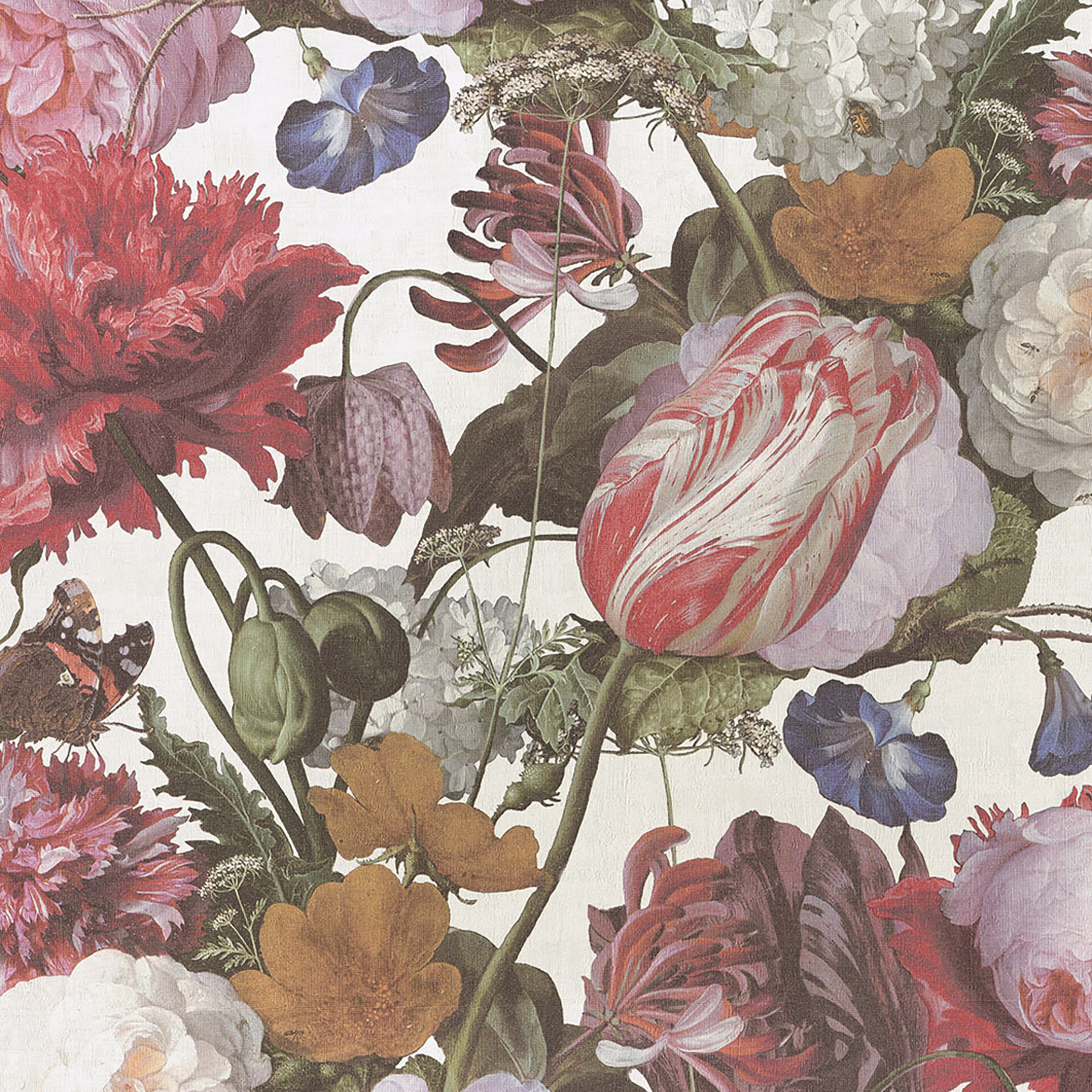 Bold floral wallpaper with large pink and white peonies and green leaves on a dark background