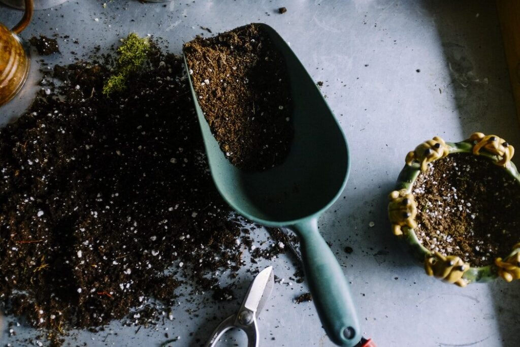 Close-up of potting soil being scooped into a small container for planting, with a gardening trowel and mini pots nearby